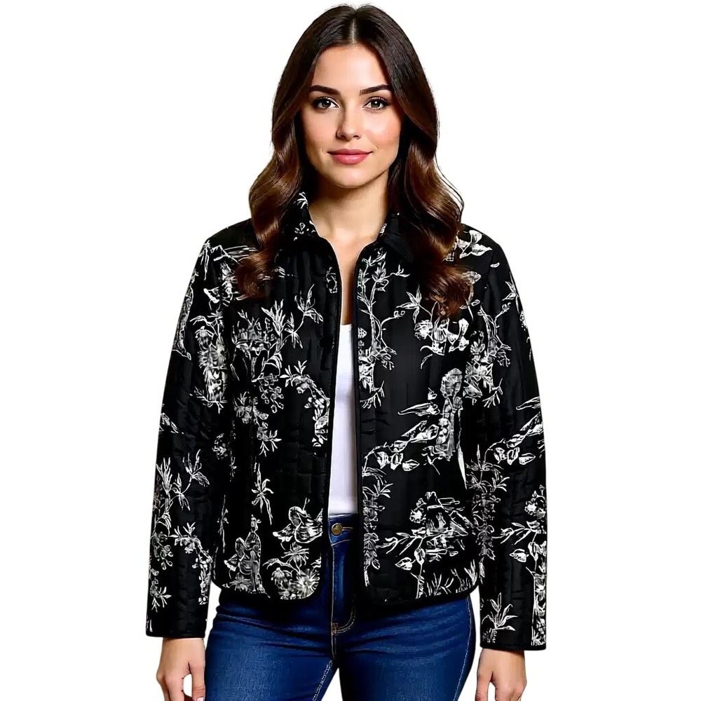 ANNE CARSON Quilted Silk Jacket Black White Toile Floral Bird Print Size Small